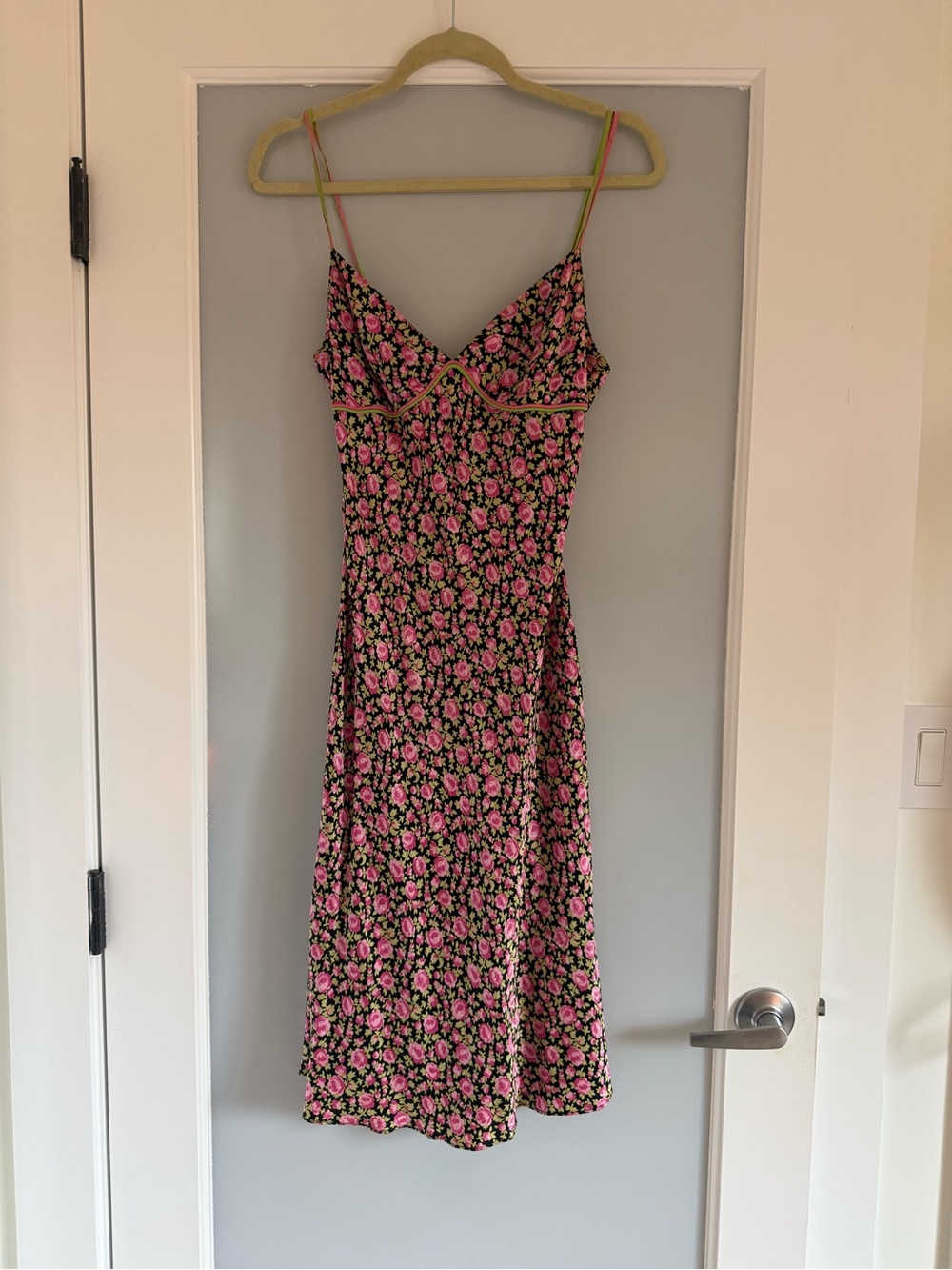 Vintage Betsey Johnson Women’s Floral silk Slip Dress - Pink Rose on Black